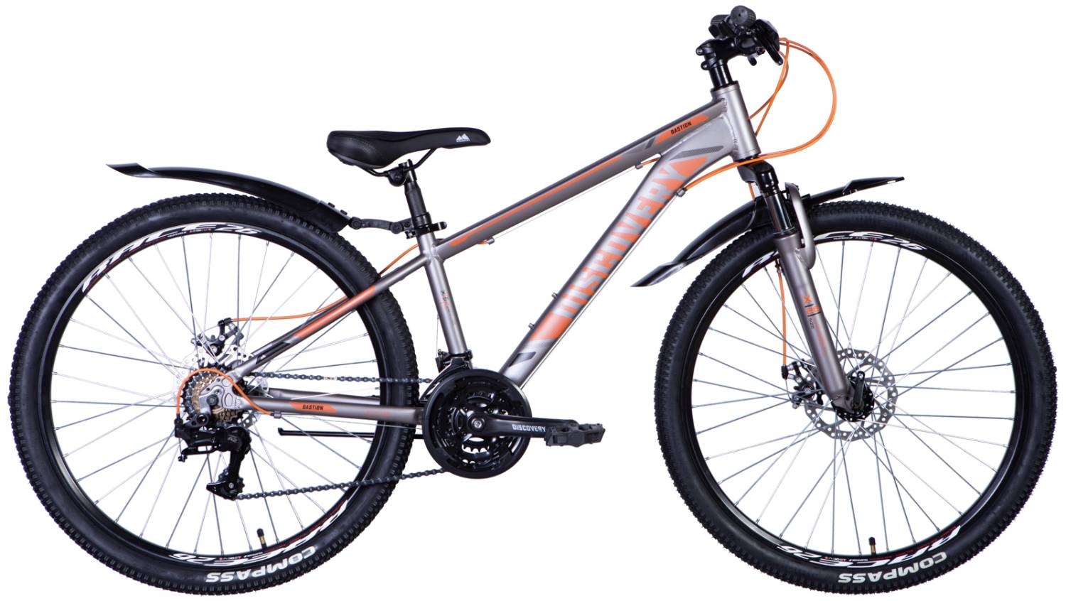 Фотография Велосипед Discovery BASTION AM DD 26" размер XS рама 13" 2024 Серо-оранжевый